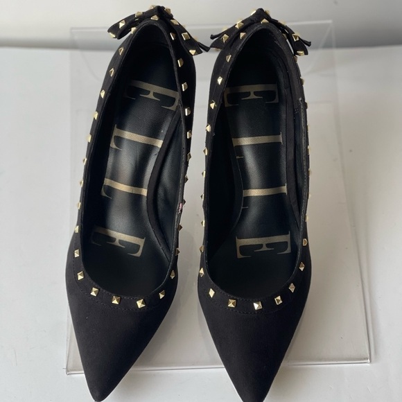 ELLE Women's Black Suede Pumps Heels Gold Studded Pointed Toe with Bow, Sz 8M - Picture 4 of 9